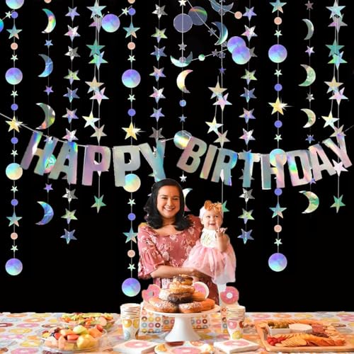 Star Moon Circle Dot Garland Party Decoration Kit, Holographic Party Decorations Hanging Stars Streamer Backdrop Crescent Garlands Happy Birthday Banner Backdrop for Birthday Wedding