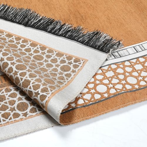 Muslim Prayer Rug Islamic Mat with Prayer Beads - Lightweight Ramadan Eid Prayer Carpet Mat with Cylinder Gift Box Set, Khaki - color: Khaki