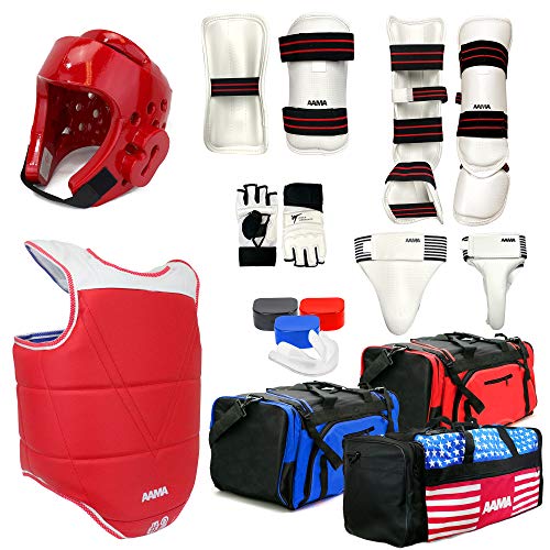 AAMA Complete Taekwondo Sparring Protective Gear Equipment Set - Customizable - color: SET B Red (Shin Instep + Hand)