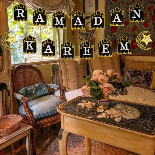 Ramadan Kareem Banner Eid Mubarak Hanging Decoration No DIY Needed,for Eid Al-Fitr Party Supplies, Home, Tree, Fireplace, and Wall Decor
