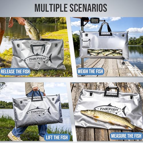 THKFISH Fish Tournament Weigh in Bag for Bass Fishing with Leakproof Zipper | Heavy Duty Live Fish Bags for Caught Fish with Waterproof Zipper and Mesh Liner,Puncture Resistant - color: Silver-32×19.7in