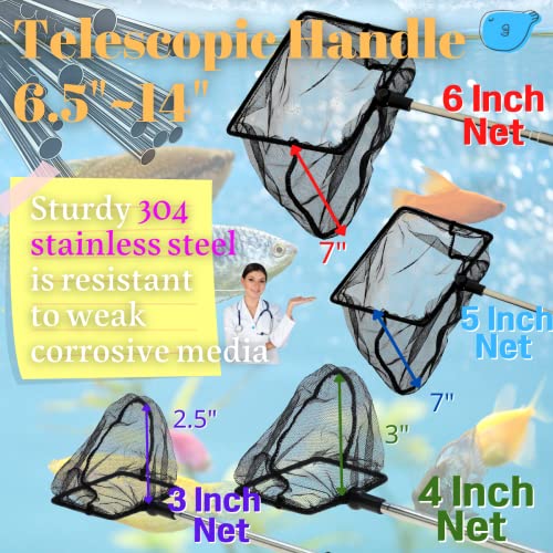 Aquarium Betta Fish Net Protect Delicate Fin, Soft Fine Deep Mesh Scooper w/Sturdy Extendable 7~14 Inch Stainless Steel Long Handle for Shrimp Fish Tank Small Pond & Pool - size: 3 Inch Aquarium net
