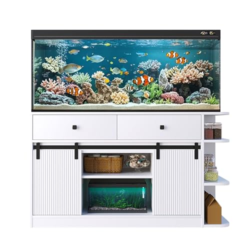 55-75 Gallon Aquarium Stand with Power Outlet & LED Light, Heavy Duty Fish Tank Stand with Sliding Barn Doors, Storage Cabinet for Turtle Tank & Reptile Terrarium, 1200LBS (White-2) - color: White-2
