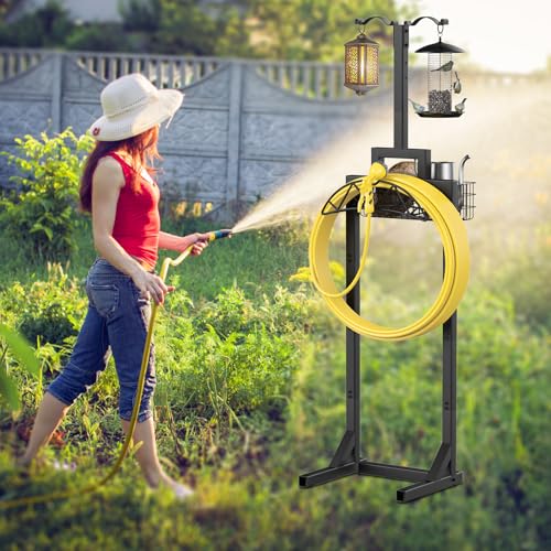 Garden Hose Holder, Water Hose Holders for Outside with Storage Basket & 2 Shepherds Hooks, Detachable Garden Hose Holder Freestanding, Heavy Duty Hose Holder Supports 150ft Hoses