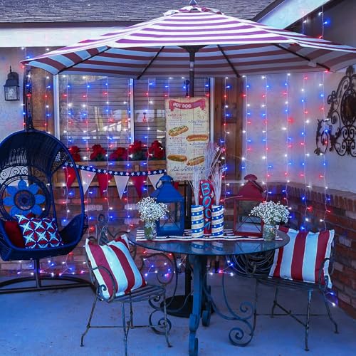 JMEXSUSS 300LED Red White & Blue Curtain Lights for 4th of July, 9.8x9.8ft - color: Red White and Blue, size: 300 LED
