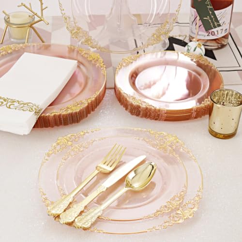 Hioasis 175pcs Pink and Gold Plates - Pink Party Plates for 25 Guest, Include 50 Heavy-duty Plates(20% Thicker Than Standard), 75 Cutlery Set, 25 Napkin, 25 Cups for Party & Easter - color: Pink and Gold