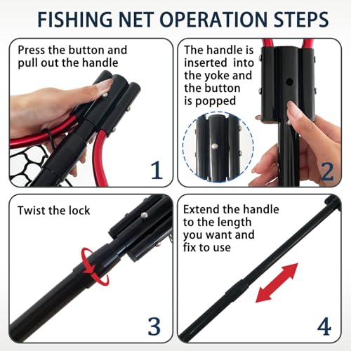All Metal Telescoping Rubber Fishing Net with Handle Length: 59" Depth:19.7" Hoop: 26"x18" Large Silicone Fish Landing Net Pier/Kayak/Fishpond/Saltwater/Salmon Extendable Fishing Gear - color: Red plus