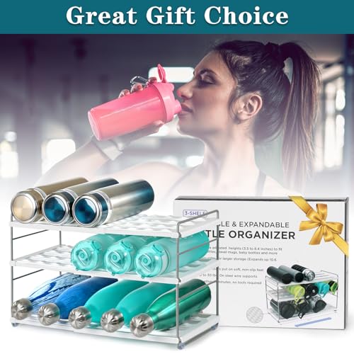 10.6-16.7" Adjustable Width Water Bottle Organizer for Cabinet, 3-Tier Expandable Water Bottle Holder Rack, Cup and Tumbler Storage for Kitchen Organization, Sports Flask, Insulated Travel Mug, Fridge - size: 3 Tier-15