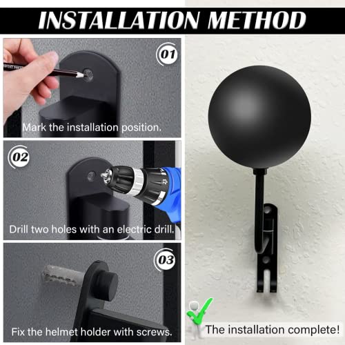 Kikerike Motorcycle Helmet Rack Wall Mount 180 Degree Rotation Metal Bike Helmet Holder Mount Bicycle Helmet Display Hanger Stand with 2 Hooks for Motorcycle Bike Baseball Rugby Helmet - Black, 3 Pcs - color: Black(3PCS)