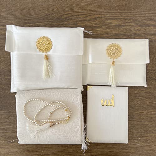 Muslim Prayer Rug, Bag & Yaseen Surah Pocket-Size Book, Bag & Prayer Beads Set I Perfect Islamic Gift I Prayer Rug Travel I Muslim for Men&Women | Luxury Islamic Gifts (5 Sets, Cream) - color: Cream, size: 5 Sets