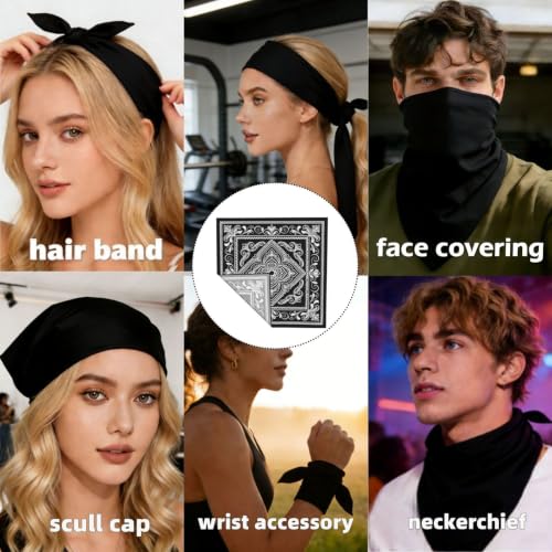 Satin Square Scarf, Printed Head Neck Scarf, Multi‑Purpose Bandana - color: Black