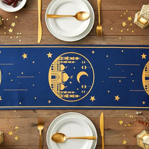 Eid Mubarak Table Runner, Eid Mubarak Decorations, Ramadan Kareem Table Runner, Blue and Golden Moon Star Ramadan Holiday Table Decorations for Ramadan Home Kitchen Dining Party Supplies, 13" X 72" - size: 13" x 72"