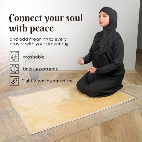 Prayer Rug - Soft Plush Turkish Janamaz Sajada Carpet for Men and Women - Plain Solid Prayer Mat Ramadan Eid Gift - with Prayer Beads - Luxury Floral Stamp, Dark Yellow - color: Dark Yellow