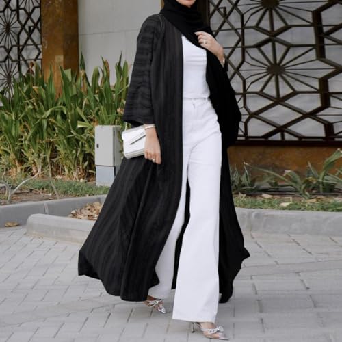 Womens Muslim Kimono Abaya Solid Striped Retro Ethnic Cardigan Robe Dubai Middle Eastern Saudi Arabia Eid Clothes - color: Black Long Cardigan, size: Small