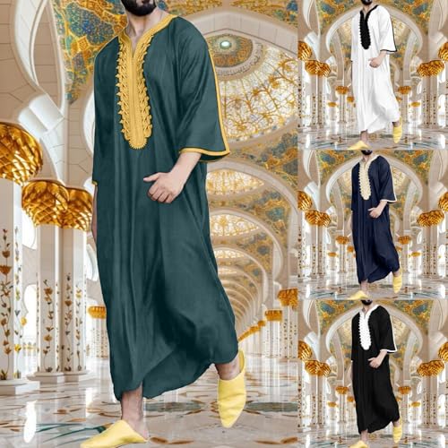 Muslim Robe for Men Arab Long Sleeve Kaftan Islamic Arabic Abaya Silk Thobe Ramadan Middle East Islamic Cloth Shirt Gown - color: #01-navy, size: Large