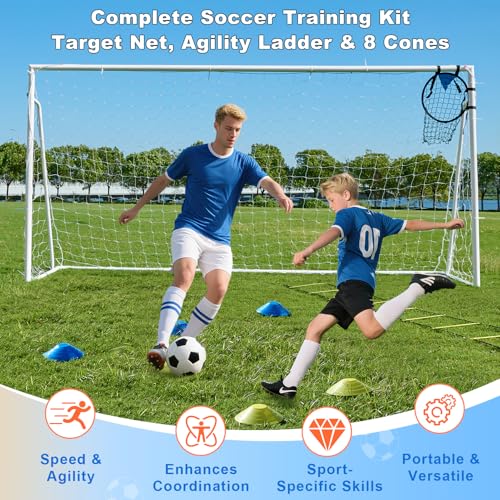 Soccer Goals for Backyard Soccer Goal 12x6 Big 10x6.5 8x6 6x4FT Soccer Goals for Youth Adults and Kids Large Metal 2" Goal Post with Agility Ladder and Target Net Soccer Cones Practice Equipment - style: 10×6.5 FT