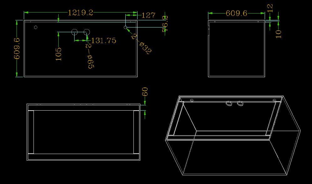 120-3GO Gallon Starfire Aquarium w/Center Overflow 48x24x24 H 12mm Ghost Overflow - size: 120-3GO Gal 48x24x24"