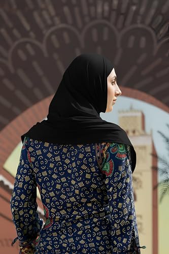SARJANA Women's Solid Color Cotton Hijab with Under Scarf Cap Ready to Wear Stretch Scarves Long Scarfs FREE SIZE - color: Black