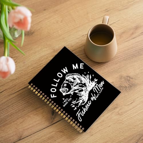WUCHJ Black Retro Fish Christian Notebook, Matthew 4:19 Bible Verse Journal, Religious Scripture Spiral Notebook Journal for Note Taking, Christian Faith Based Gifts for Women Men, 5.5x8.3 Inch - color: black fish follow me