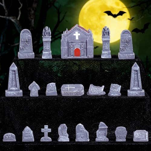 Rileryan 20 PCS Miniature Gravestone Tombstones Figurines | DIY Graveyard Cemetery Scenes Gargoyle Church for Halloween Village Decorations Accessories Haunted Scenery Terrain