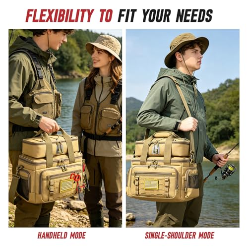 Fishing Tackle Bag, Detachable Fishing Reels Storage Pouch, Fishing Gear Organizer, Adjustable Shoulder Strap Fishing Bags for Saltwater & Freshwater - color: Solid khaki