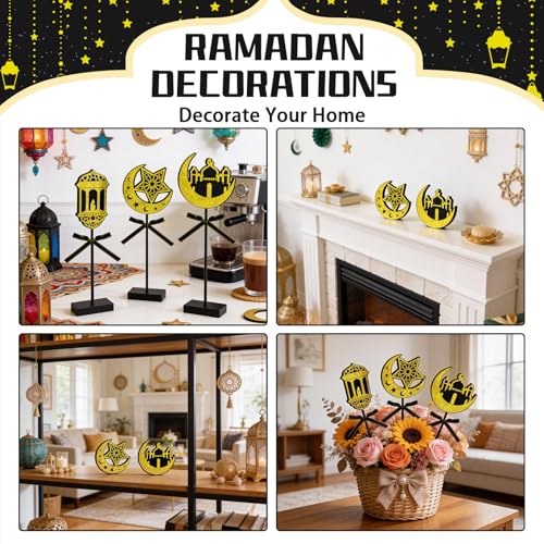 3-Piece Ramadan Wooden Table Decorations, Black Gold Eid Mubarak Table Topper Set, Shiny Islamic Ramadan Tiered Tray Decor for Muslim Party, Wedding, Tabletop, Bookshelf, Home Decor