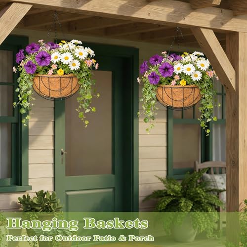 4 Pack 14 Inch Hanging Baskets for Plants Outdoor Metal Hanging Planter Hanging Flower Baskets with Coco Fiber Liners Chain Round Wire Plant Holder Hanging Flower Pots - size: 14 Inch, style: Flower Border