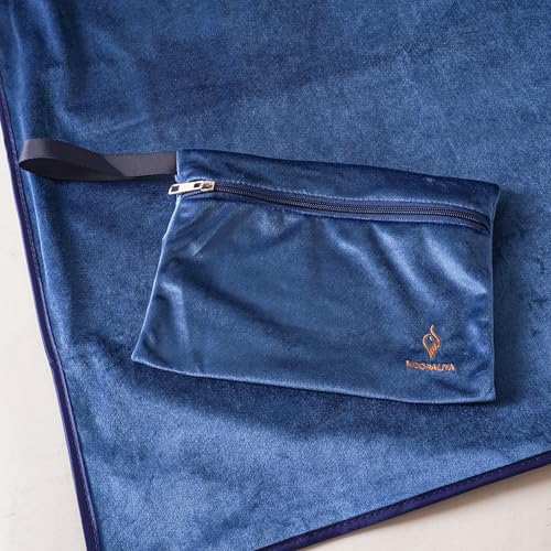 Muslim Travel Prayer Rug, German Velvet Hand-Embroidered Kaaba Mosque, Portable Foldable Islamic Prayer Mat for Travel (Blue) - color: Blue