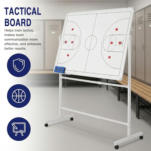 Double-Sided Soccer Coaching Board Height Adjustable Dry Erase Whiteboard with Wheels 360 Degree Reversible Soccer Tactics Board with Magnets Pen & Eraser for Teaching Training - color: Basketball