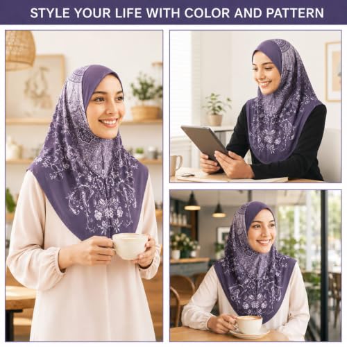 Instant Hijab – 여성용 원피스 슬립온 키마르 | 기도 및 단정한 착용을 위한 꽃무늬 프린트 저지 스카프 - color: Mg-hj-704