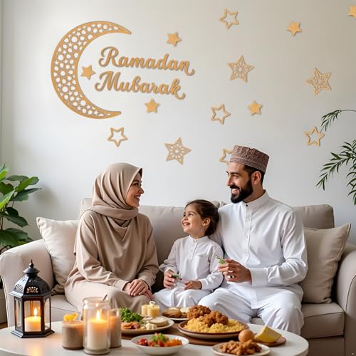 Rmeosye Ramadan Mubarak Wall Decor Set, Moon and Star Islamic Wooden Wall Art Sign for Ramadan Eid Decorations, Muslim Home Decor for Living Room, Bedroom, or Prayer Space