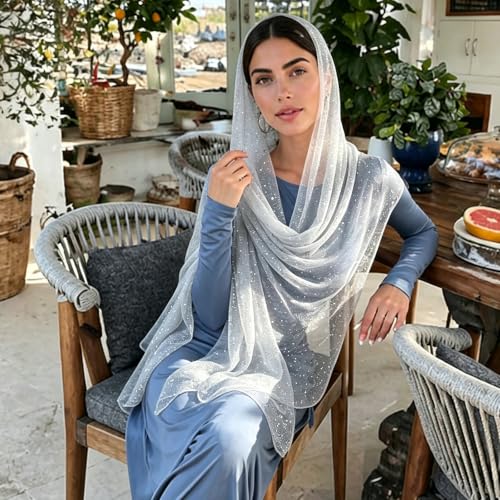 Sequin Scarf for Women Lightweight Mesh Shawl Wrap Bandana Hijab Headscarf for Summer Evening Dress - color: White