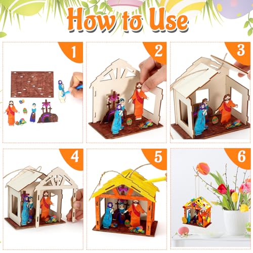 8Pcs Christian Easter Crafts Wooden House for Boy Girl & Adult, Religious Easter Activities DIY Kit with Jesus He Is Risen Egg Bunny, Spring Bible Art Gift for Basket Stuffers Party Favors Decor Bulk - style: Christian Easter