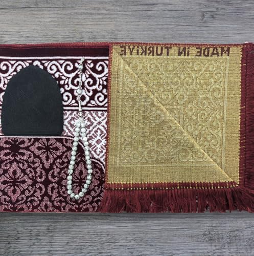 ESERRA Velvet Prayer Mat All in One Set for Islam - Thick Muslim Prayer Rug, Black Kufi Hat, Jasper Stone 33 Prayer Beads, Cotton Travel Case - Islamic Gifts (Red) - color: Red