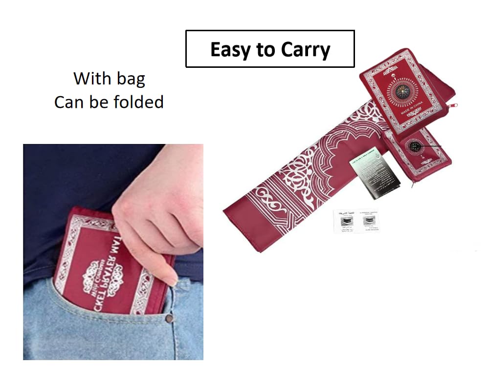 Islamic Prayer Mat,Muslim Prayer Carpet,with Compass Pocket Sized Carry Bag,1 Pieces Muslim Travel Prayer Mat and Attached Compass,Islamic Prayer Rug,with Compass,Red