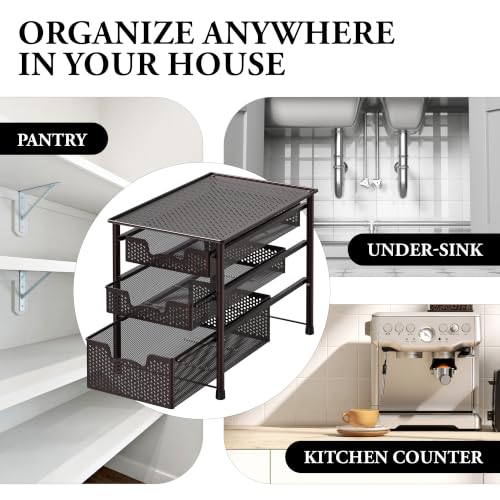 Simple Houseware Stackable 3 Tier Sliding Basket Organizer Drawer, Bronze - color: Bronze, size: 3-Tier
