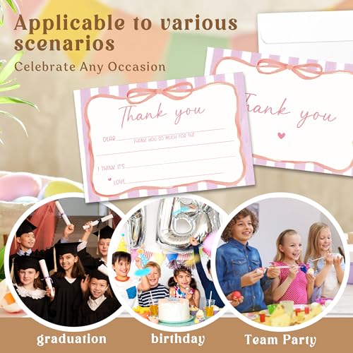 Kids Thank You Cards with Envelopes, Pink Ribbon Theme Fill in the Blank Thank You Notes for Kids, Toddler Stationery Set, Ideal for Birthday Party, Graduation & School Gag Gifts - B05 - color: Pink Ribbon Style