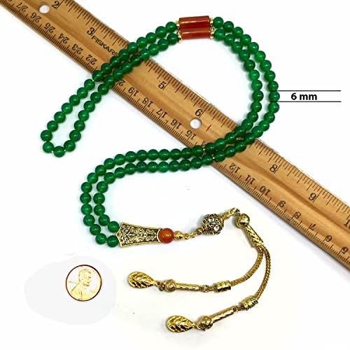Special Prayer Beads Series -99 beads- Tesbih Tasbih Tasbeeh Misbaha Masbaha Subha Sebha Sibha (GREEN JADE NATURAL STONE & GOLD TASSEL -6 mm 99 small beads-) - color: GREEN JADE NATURAL STONE & GOLD TASSEL -6 mm 99 small beads-