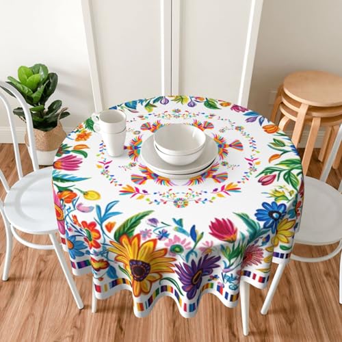 Mexican Floral Birds Tablecloth Mexico Round Table Cover Washable Table Cloth for Home Kitchen Party Picnic 60 Inch - color: Mexican Floral Birds