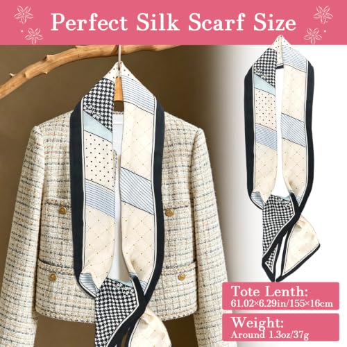59" Hair Scarf for Women Silky Long Neck Head Scarves Purse Bag Scarfs for Handbag Satin Headscarf Gift 59" * 5.9” - color: 11-black Cream Mix Geometric