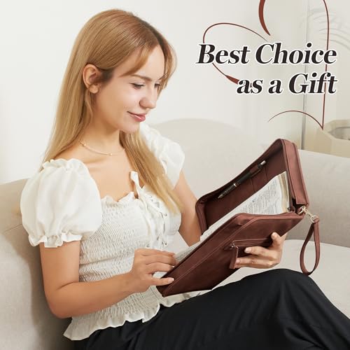 Leather Bible Cover for Women, Zippered Floral Bible Case w Pocket, Brown | Bible Study, Church, Journaling & Travel - color: Dark Brown