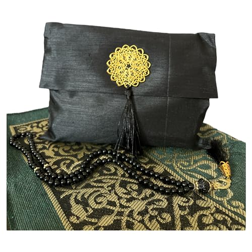 Muslim Prayer Rug and Beads with Elegant Slub Fabric Bag | Janamaz | Sajadah | Soft Islamic Prayer Rug | Islamic & Mawlid Gifts | Prayer Carpet Mat, Taffeta Fabric (Black, 1 Sets) - color: Black, size: 1 Sets