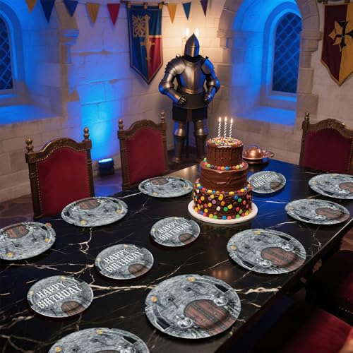 Grencian 96Pcs Medieval Castle Birthday Party Decorations, Serves 24 | Castle Plates and Napkins Disposable Medieval Knight Tableware Set for Kids Birthday Baby Shower Halloween Party Supplies - style: Medieval Castle Theme Birthday