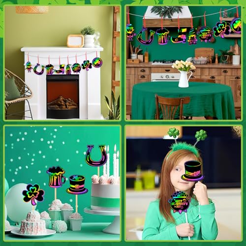 FEBSNOW 48 PCS St. Patrick’s Day Crafts for Kids, Rainbow Magic Scratch Art Shamrock Hanging Ornaments Scratch Paper Cards for St Patricks Day Party Favors Kids School Classroom DIY Crafts Decorations - style: St. Patrick’s Day