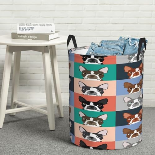 Boston Terrier Dog Round Waterproof Oxford Cloth Laundry Basket Multi-Purpose Storage Basket Toys Books Clothes Storage Basket - color: Black 9