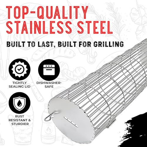 SHIZZO Extra Sturdy Rolling Grill Basket, Removable Handle, Set of 2 | Grilling Rack, Stainless Steel, Outdoor Camping accessories BBQ Net, Griller for Fish, Vegetables, Gifts for Men Dad Husband