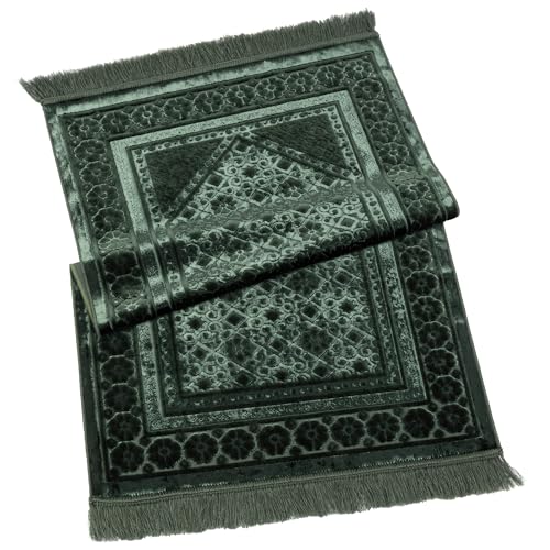 Modefa Velvet Prayer Rug - Soft Plush Turkish Janamaz Sajada Carpet for Men and Women - Plain Solid Prayer Mat Ramadan Eid Gift - with Prayer Beads - Luxury Floral Stamp (Dark Green) - color: Dark Green