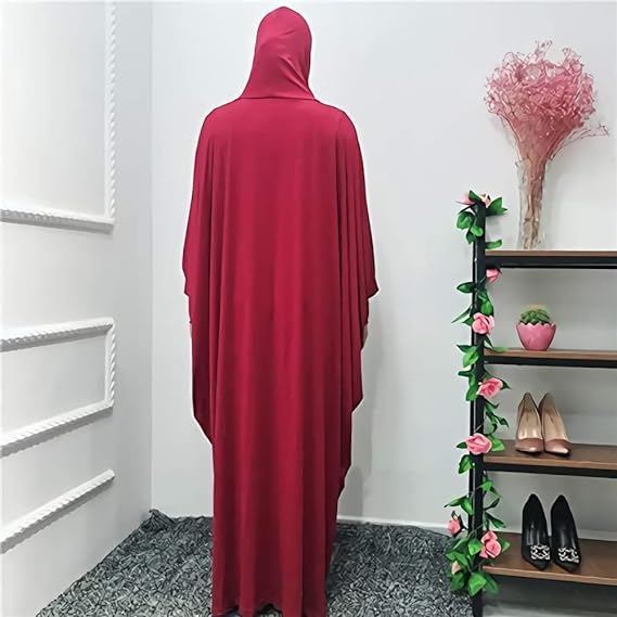 Women's Solid Muslim One-Piece Prayer Dress Abaya Kaftan with Hijab Full Length Dress - color: Red