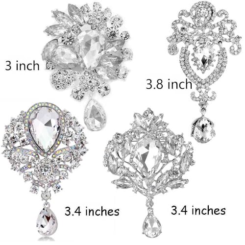Ezing 4 Pieces Lot Large Big Silver Gold Plated Assorted Crystal Rhinestones Brooch Pins Set - color: B