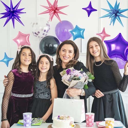 Pink Purple Blue Star Balloons,16Pcs 22/18/10 Inch Foil Mermaid Decor Set - color: Pink Purple Blue